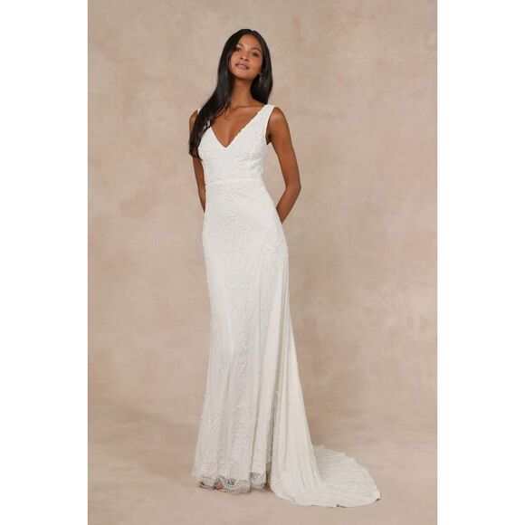 Lulus Passionate Romance White Beaded Sequin Mermaid Maxi Dress Size Large - Picture 1 of 14